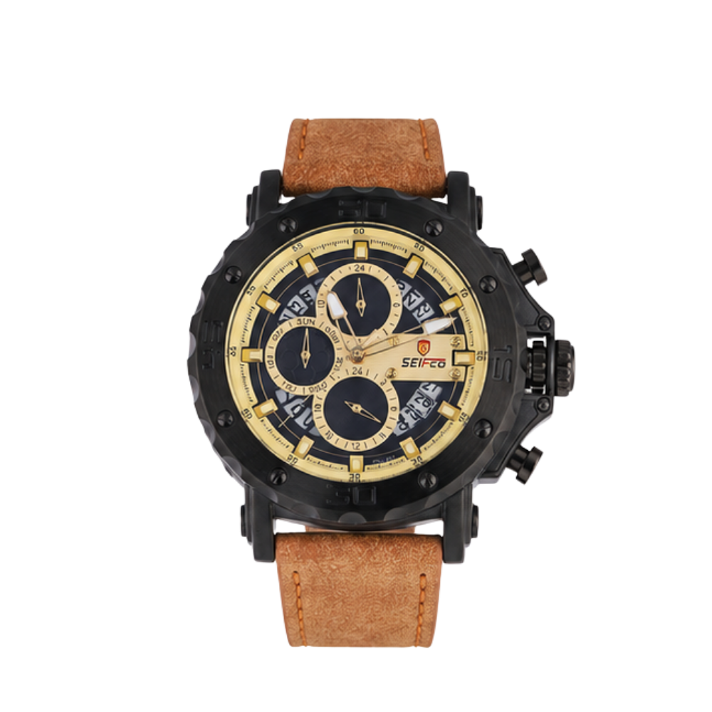 SEIFCO Sport Men’s Quartz Watch with Gold Multi-Dial and Brown Leather Strap
