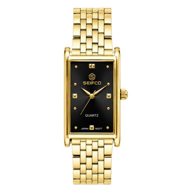 Seifco unisex Quartz Watch, Black Dial, Gold Stainless Steel Bracelet