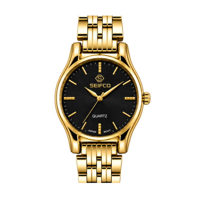 SEIFCO Classic Women’s Stainless Steel Quartz Watch with Black Dial and Gold Bracelet