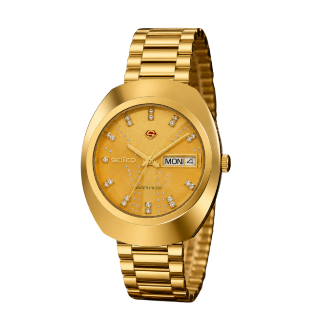 SEIFCO Classic Unisex Stainless Steel Watch with Gold Dial and Day-Date Display