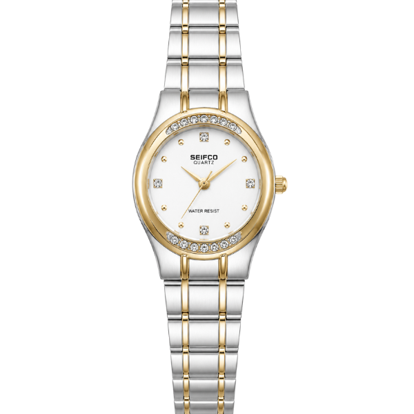 SEIFCO Classic Women’s Stainless Steel Watch with White Dial and Silver Gold Bracelet