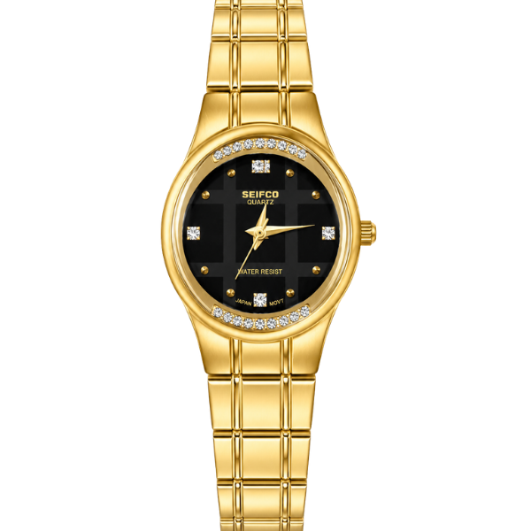 SEIFCO Classic Women’s Stainless Steel Watch with Black Dial and Gold Bracelet