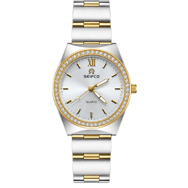 SEIFCO Classic Women’s Stainless Steel Watch with White Dial and Silver Gold Bracelet