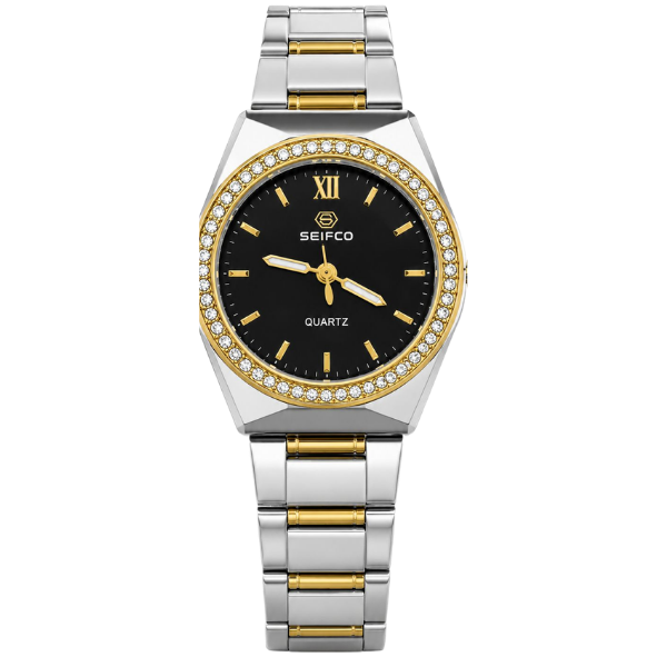 SEIFCO Classic Women’s Stainless Steel Watch with Black Dial and Silver Gold Bracelet