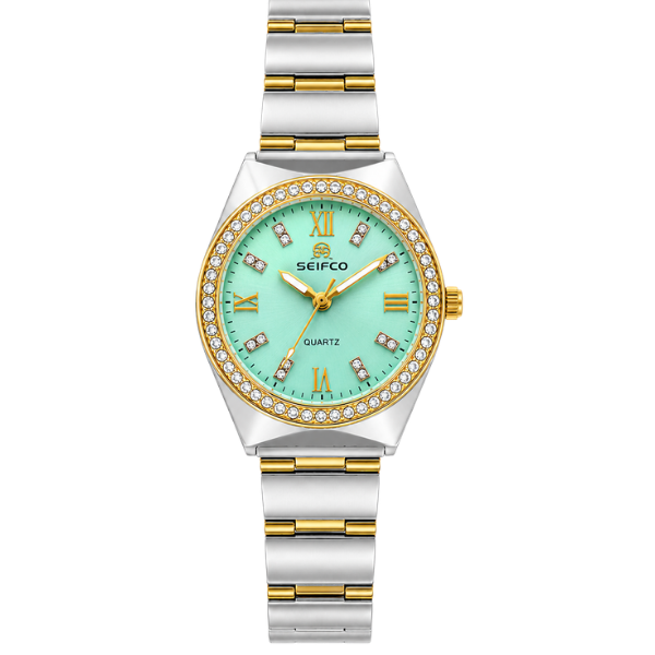 SEIFCO Classic Women’s Stainless Steel Watch with Turquoise Dial and Silver Gold Bracelet