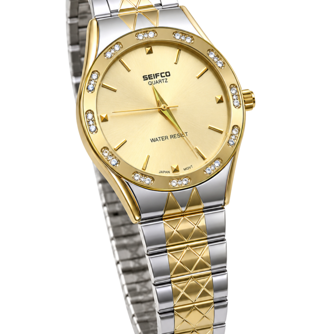 SEIFCO Classic Unisex Stainless Steel Watch with Gold Dial and Silver Gold Bracelet