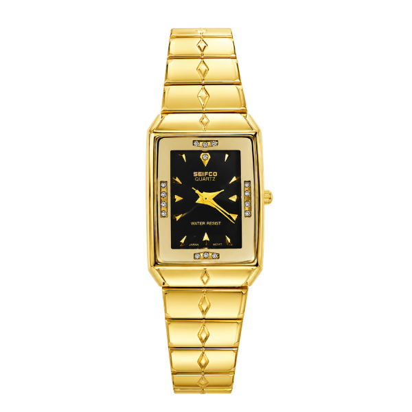 SEIFCO Slim Women’s Stainless Steel Watch with Black Dial and Gold Bracelet