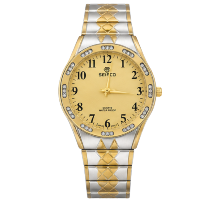 SEIFCO Classic Unisex Stainless Steel Quartz Watch with Gold Dial and Silver Bracelet