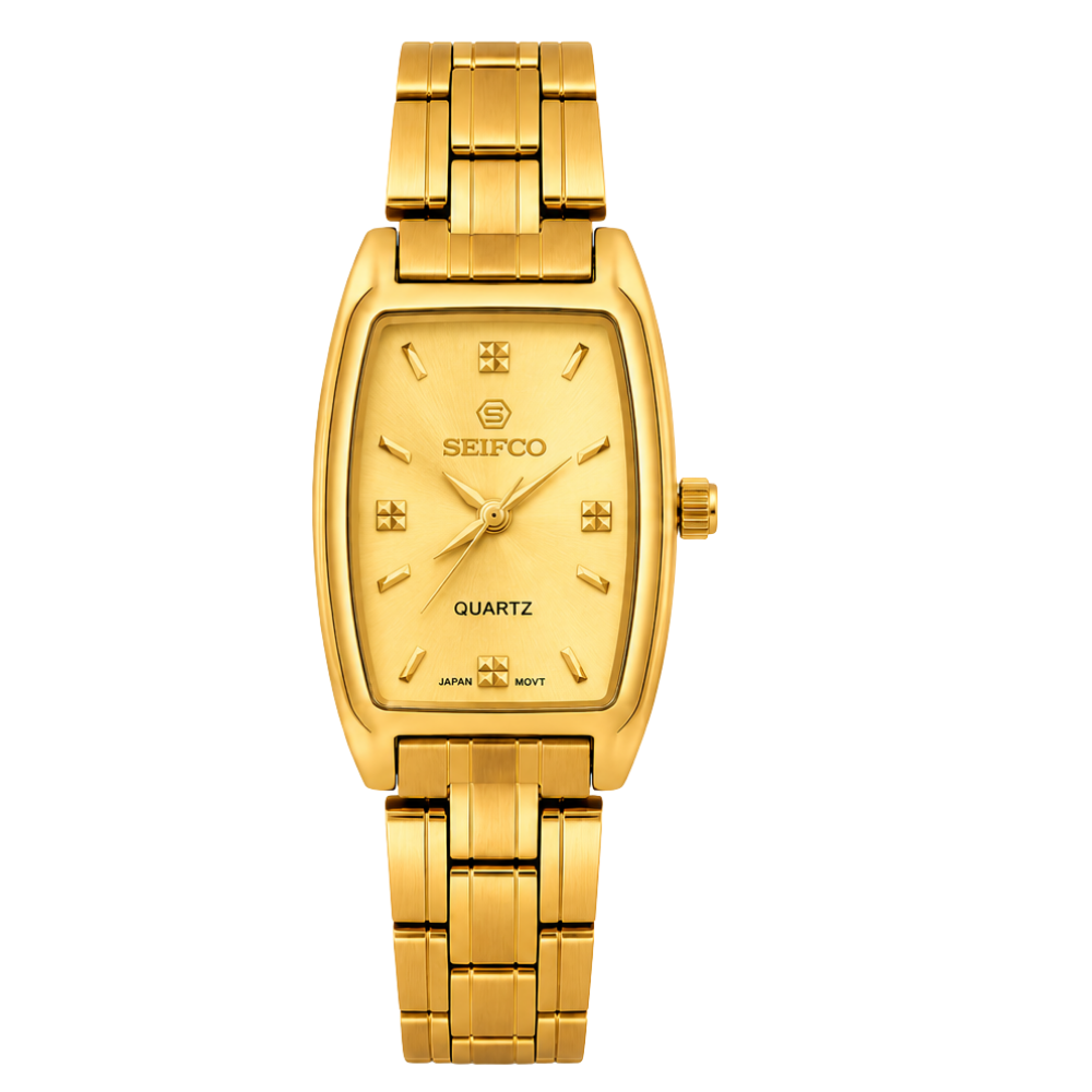 SEIFCO Classic Women’s Stainless Steel Quartz Watch with Gold Dial and Gold Bracelet