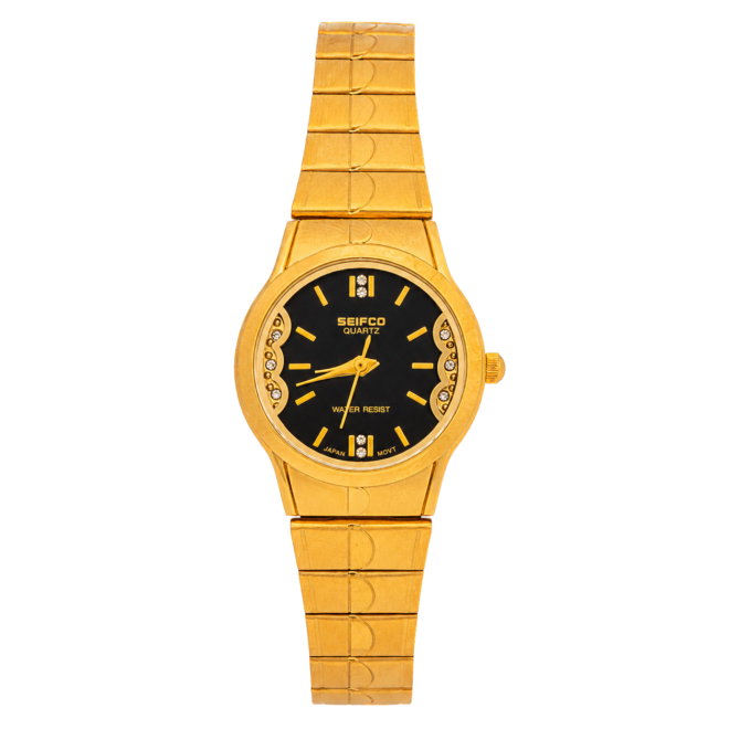 SEIFCO Classic Unisex Stainless Steel Watch with Black Dial and Gold Bracelet