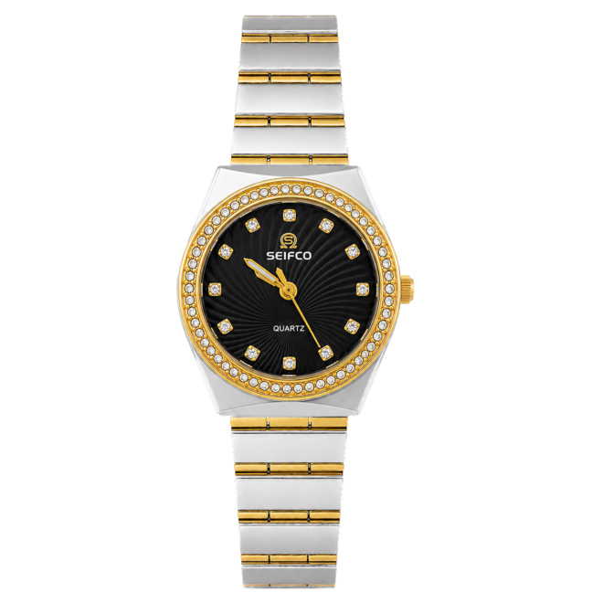SEIFCO Classic Women’s Stainless Steel Quartz Watch with Textured Black Dial and Silver Gold Bracelet