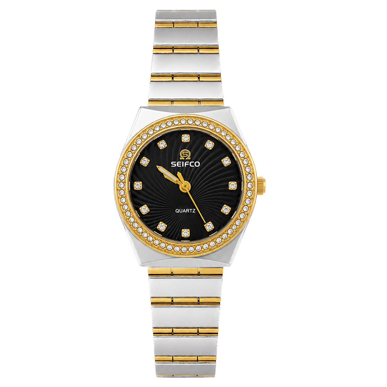 SEIFCO Classic Women’s Stainless Steel Quartz Watch with Textured Black Dial and Silver Gold Bracelet