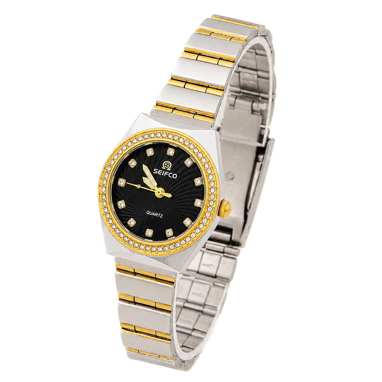 SEIFCO Classic Women’s Stainless Steel Quartz Watch with Textured Black Dial and Silver Gold Bracelet - الصورة 2
