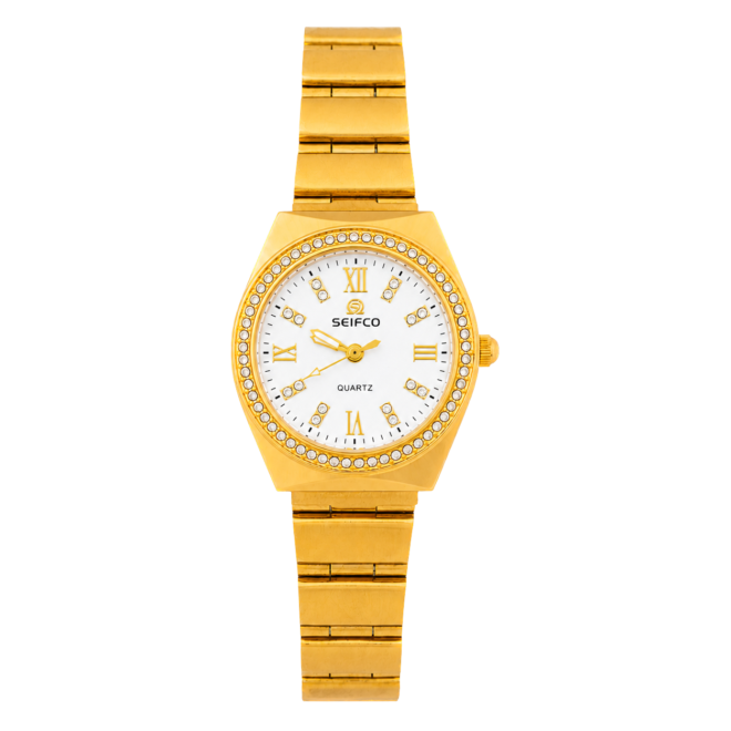 SEIFCO Classic Women’s Stainless Steel Quartz Watch with White Dial and Gold Bracelet