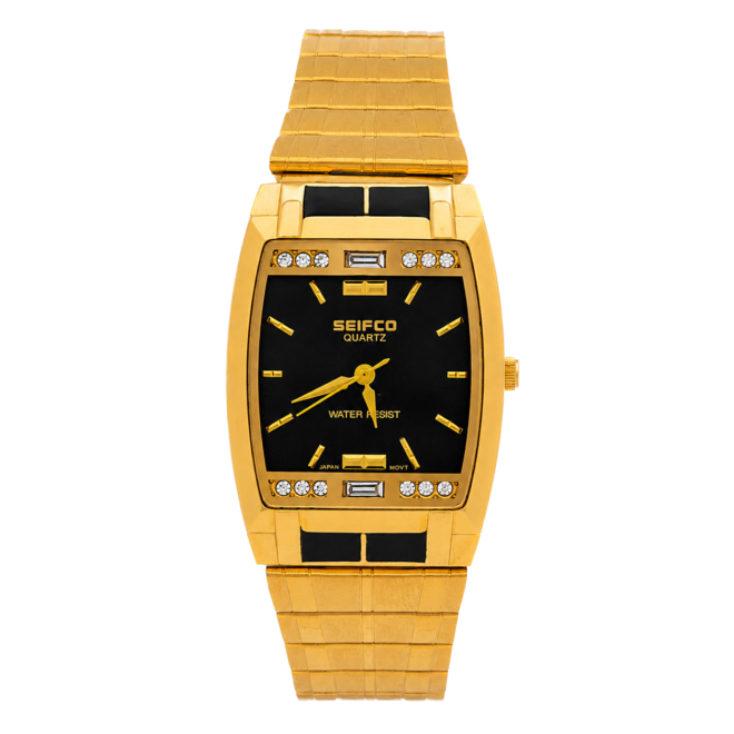 SEIFCO Classic Women’s Stainless Steel Watch with Black Dial and Gold Bracelet