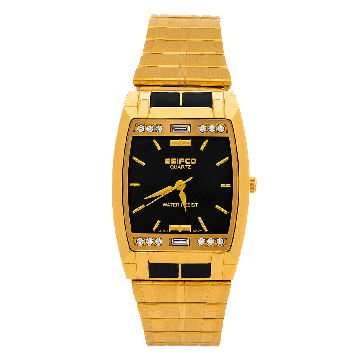 SEIFCO Classic Women’s Stainless Steel Watch with Black Dial and Gold Bracelet