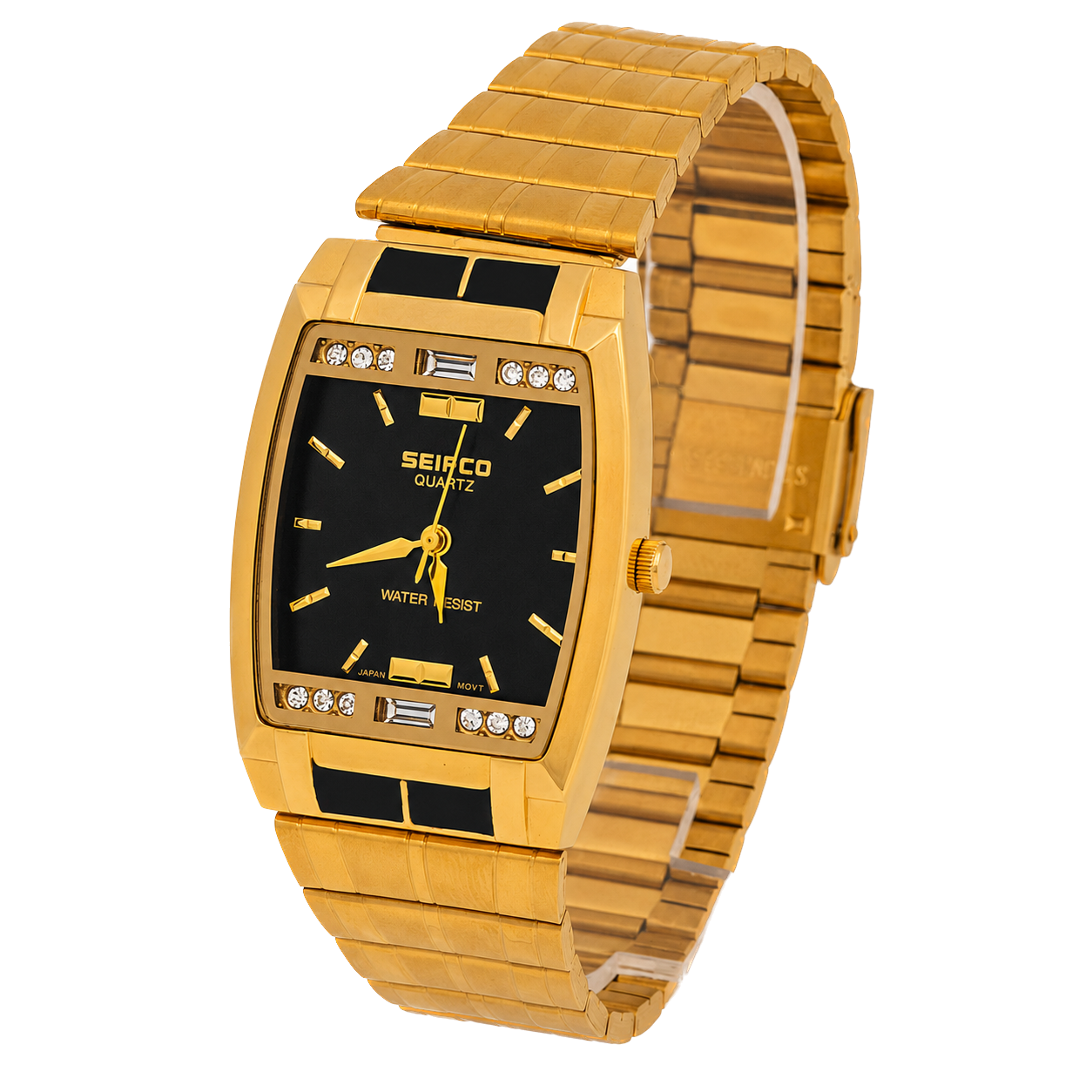 SEIFCO Classic Men’s Stainless Steel Watch with Black Dial and Gold Bracelet