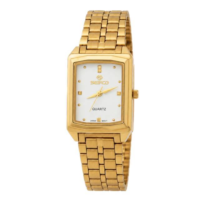 SEIFCO Classic Unisex Stainless Steel Quartz Watch with White Dial and Gold Bracelet