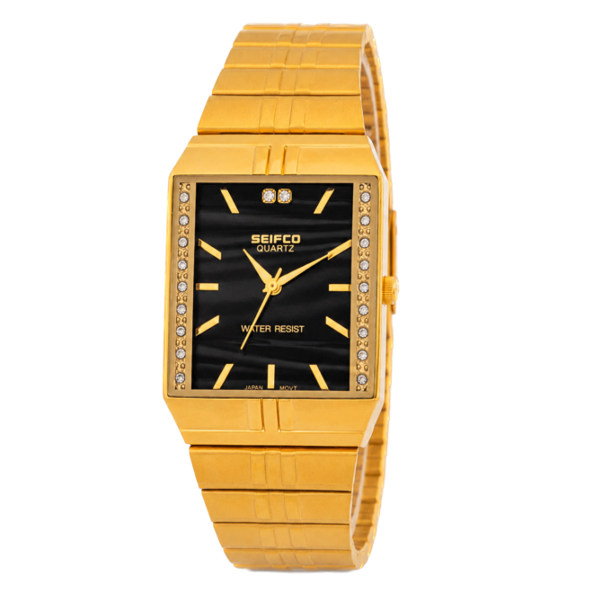 SEIFCO Classic Unisex Stainless Steel Watch with Black Dial and Gold Bracelet