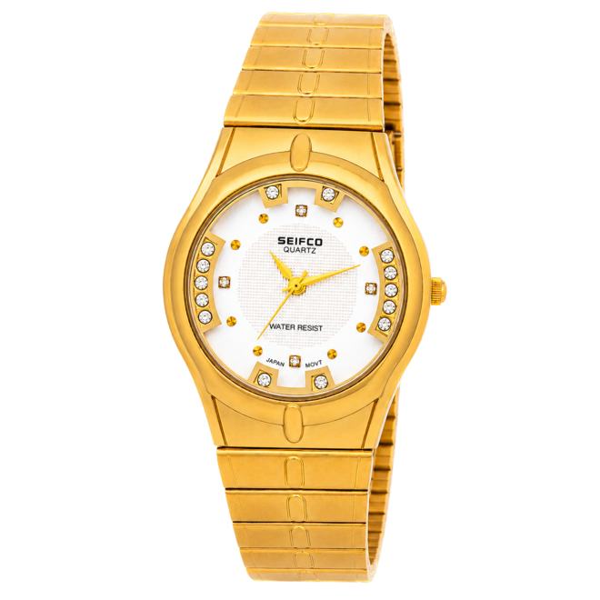 SEIFCO Classic Unisex Stainless Steel Watch with White Dial and Gold Bracelet