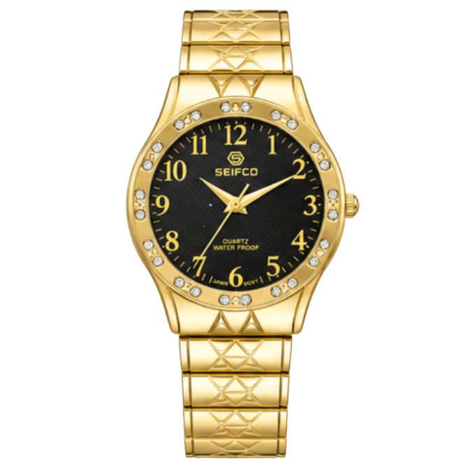 SEIFCO Classic Unisex Stainless Steel Quartz Watch with Black Dial and Gold Bracelet