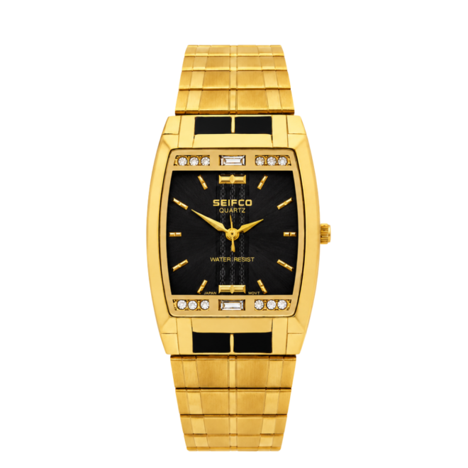 SEIFCO Classic Men’s Stainless Steel Watch with Black Dial and Gold Bracelet