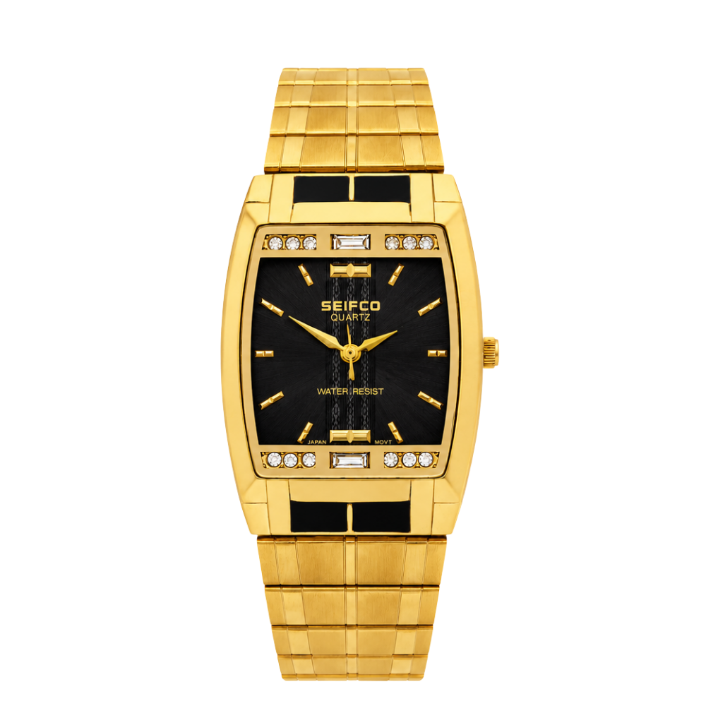 SEIFCO Classic Men’s Stainless Steel Watch with Black Dial and Gold Bracelet