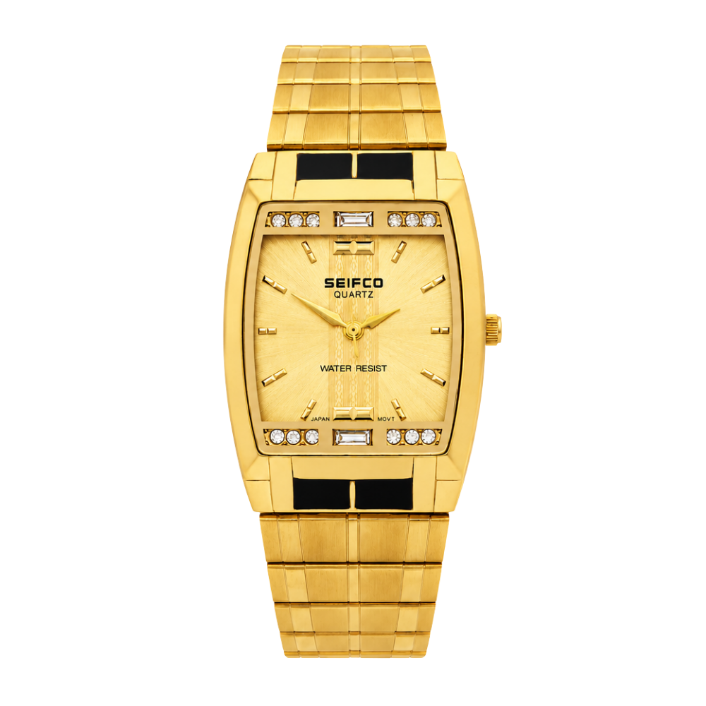 SEIFCO Classic Men’s Stainless Steel Watch with Gold Dial and Gold Bracelet