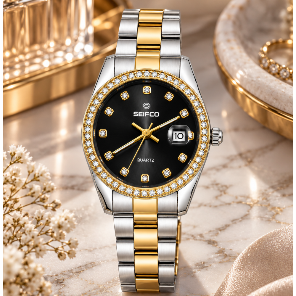 SEIFCO Classic Unisex Stainless Steel Watch with Black Dial and Silver Gold Bracelet - Image 2