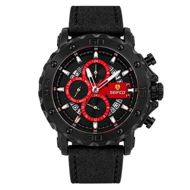 SEIFCO Sport Men’s Quartz Watch with Black Dial, Red Details and Black Leather Strap