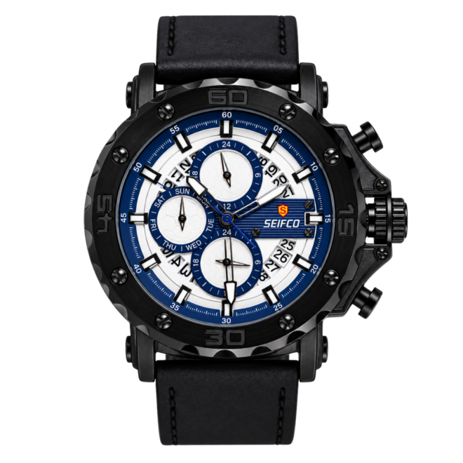 SEIFCO Sport Men’s Quartz Watch with White Multi-Dial and Black Leather Strap