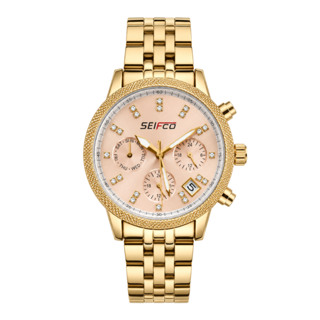 SEIFCO Classic Women’s Stainless Steel Quartz Watch with Rose Gold Dial and Gold Bracelet
