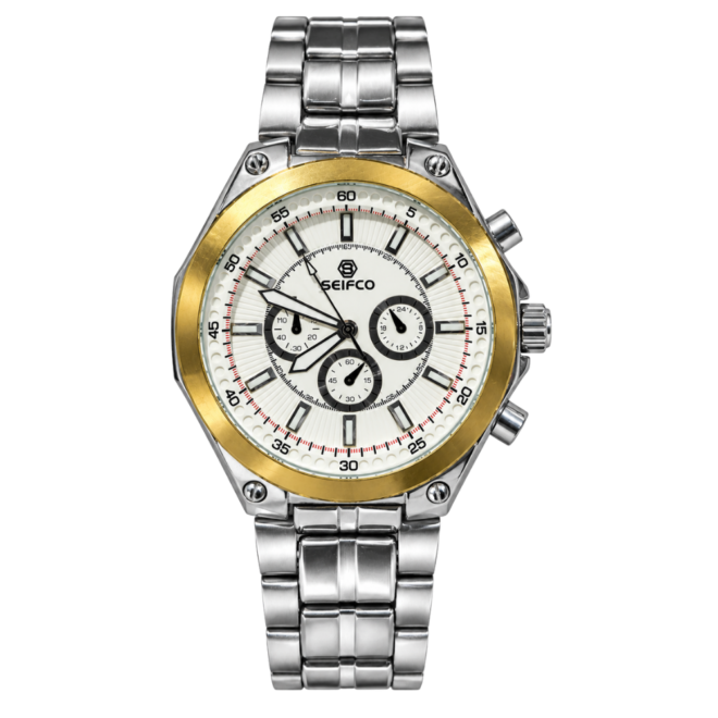 SEIFCO Classic Men’s Stainless Steel Quartz Watch with Cream Dial, Gold-Tone Bezel and Silver Bracelet