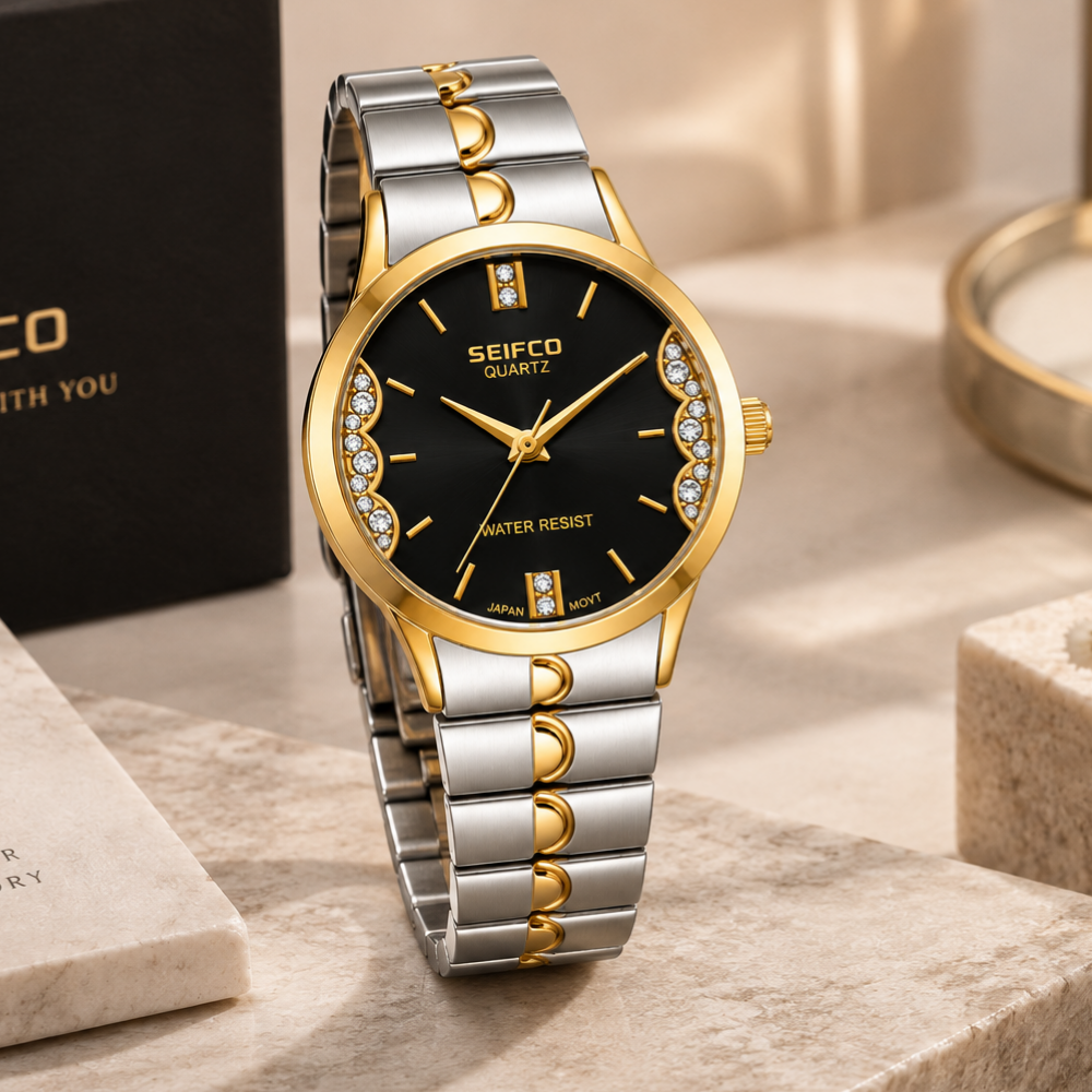 SEIFCO Classic Unisex Stainless Steel Watch with Black Dial and Silver Gold Bracelet - الصورة 3