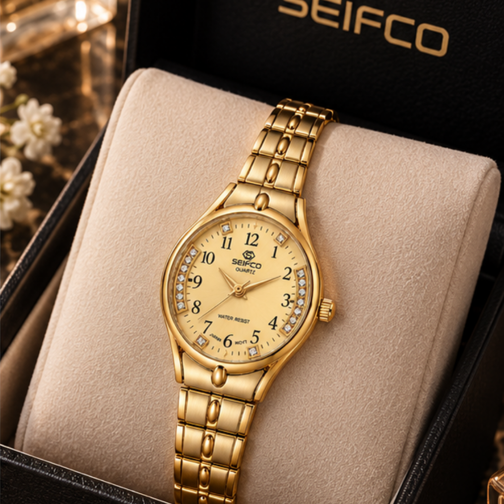 SEIFCO Classic Women’s Stainless Steel Quartz Watch with Gold Dial and Gold Bracelet - الصورة 3