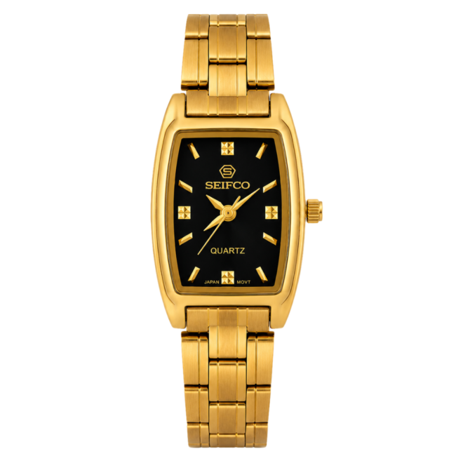SEIFCO Classic Women’s Stainless Steel Quartz Watch with Black Dial and Gold Bracelet