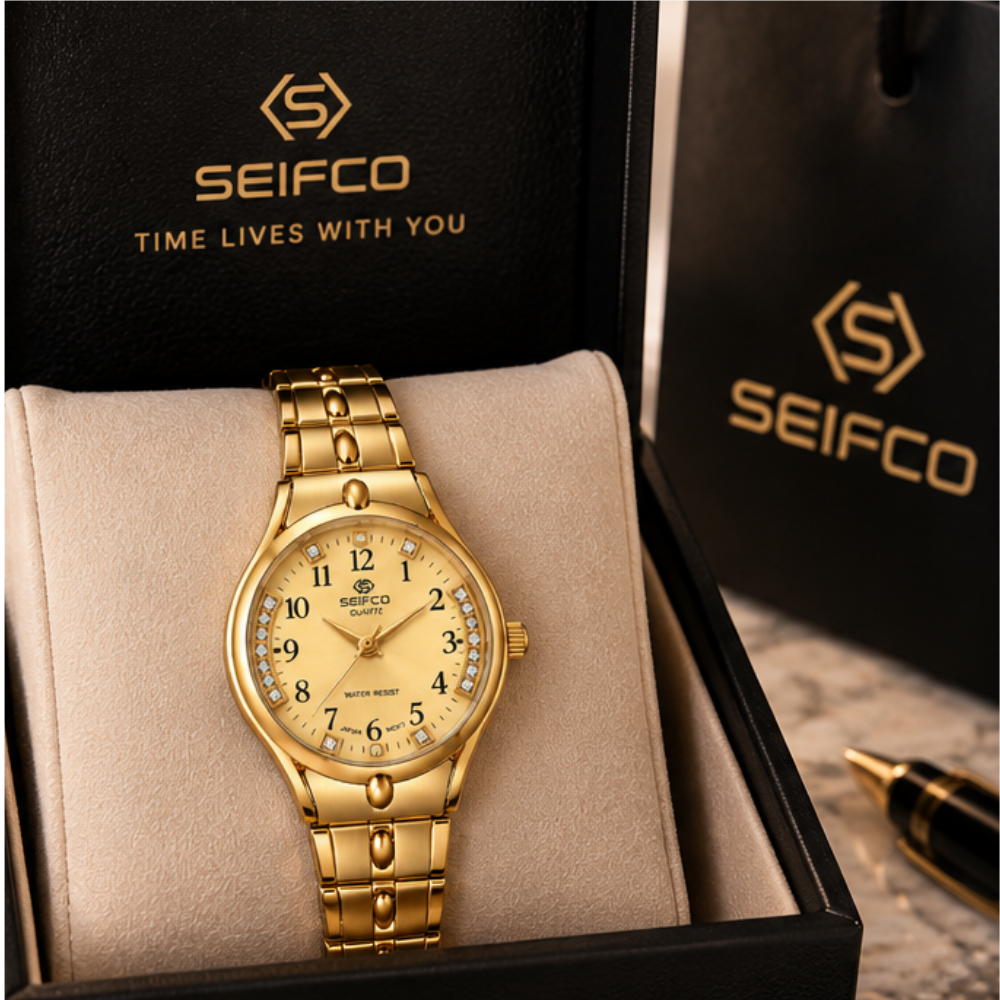 SEIFCO Classic Unisex Stainless Steel Quartz Watch with Gold Dial and Gold Bracelet - Image 2