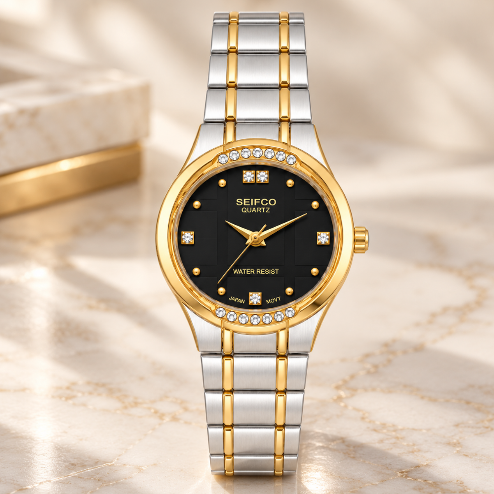 SEIFCO Classic Unisex Stainless Steel Quartz Watch with Black Dial and Silver Gold Bracelet - Image 2