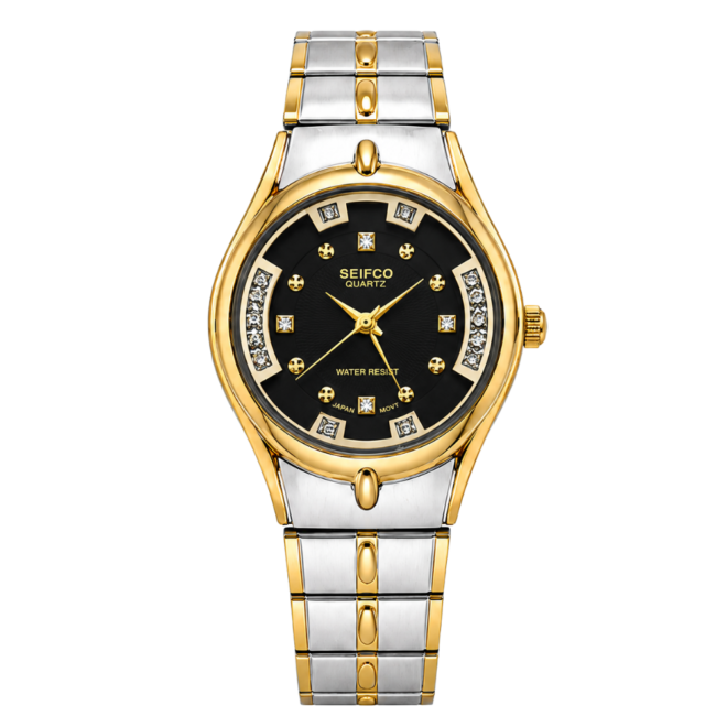 SEIFCO Classic Women’s Stainless Steel Quartz Watch with Black Dial and Silver Gold Bracelet