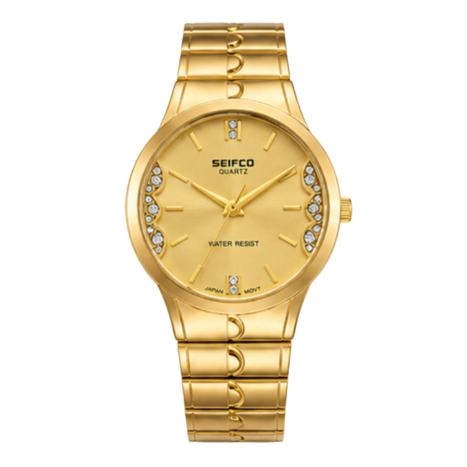 SEIFCO Classic Unisex Stainless Steel Quartz Watch with Gold Dial and Gold Bracelet