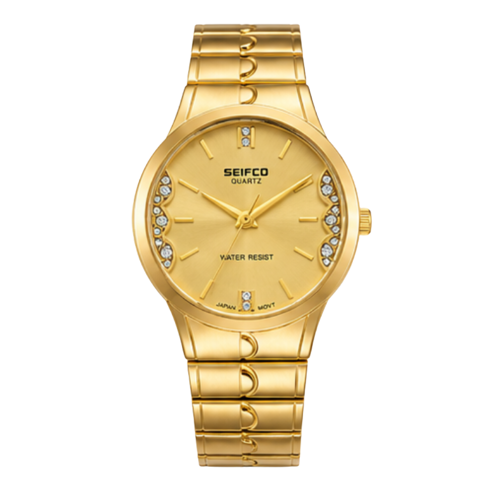 SEIFCO Classic Unisex Stainless Steel Quartz Watch with Gold Dial and Gold Bracelet