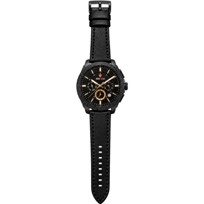 SEIFCO Sport Men’s Quartz Watch with Black Multi-Dial, Rose Gold-Tone Details and Black Leather Strap