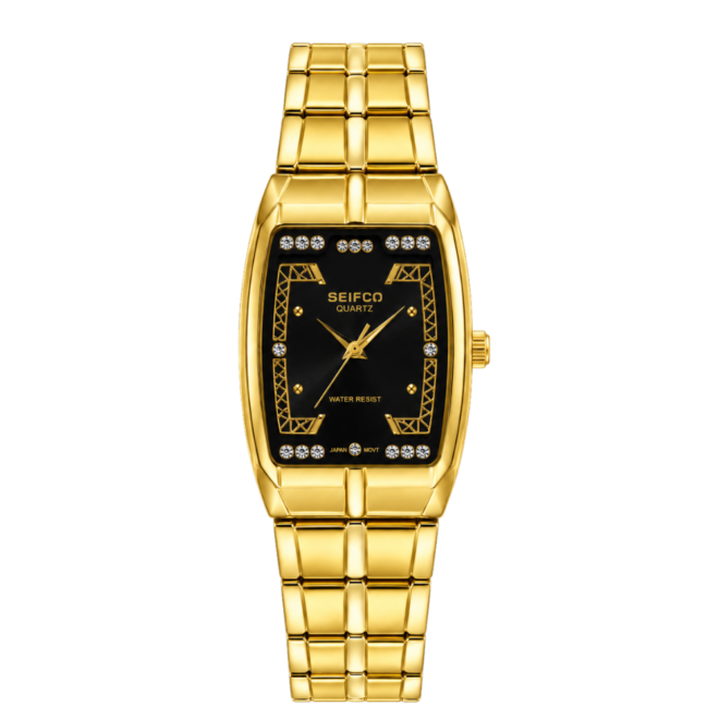 SEIFCO Classic Women’s Stainless Steel Quartz Watch with Black Dial and Gold Bracelet