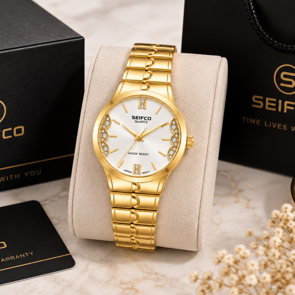 SEIFCO Classic Unisex Stainless Steel Watch with White Dial and Gold Bracelet - الصورة 3