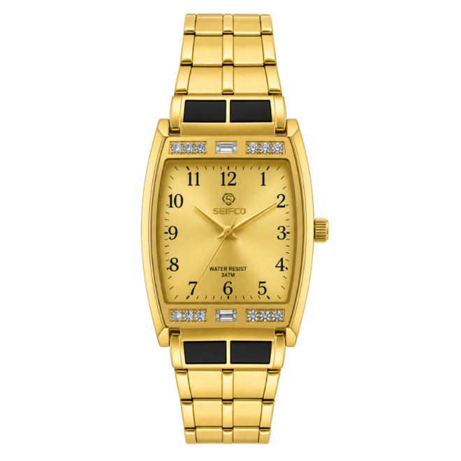 SEIFCO Classic Men’s Stainless Steel Quartz Watch with Gold Dial and Gold Bracelet