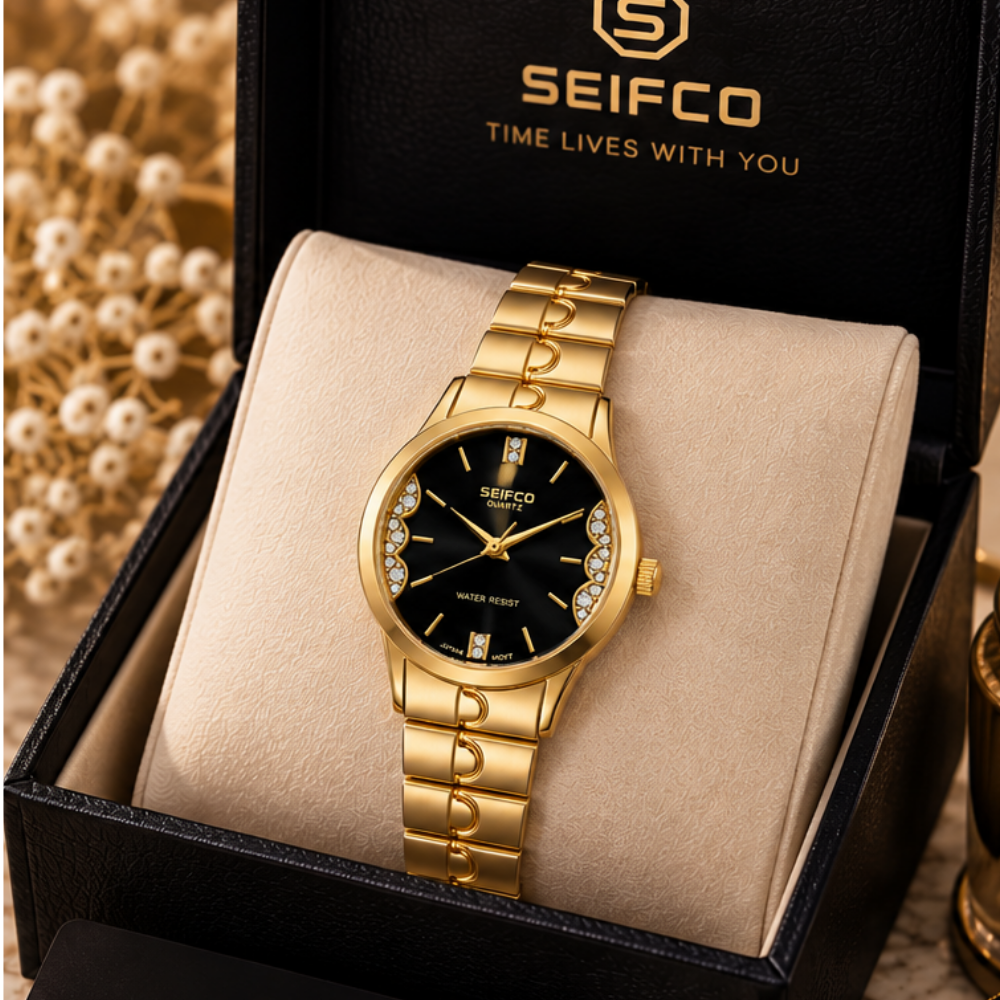 SEIFCO Classic Women’s Stainless Steel Quartz Watch with Black Dial and Gold Bracelet - Image 3