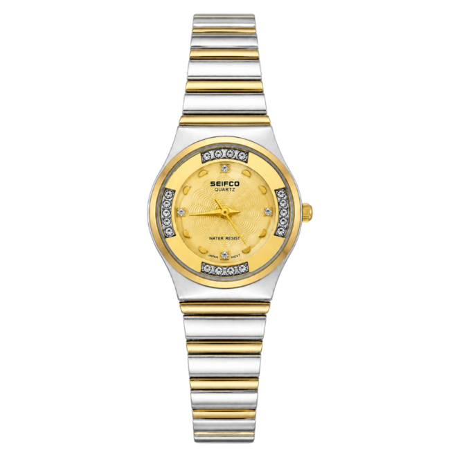 SEIFCO Classic Women’s Stainless Steel Quartz Watch with Gold Dial and Silver Gold Bracelet