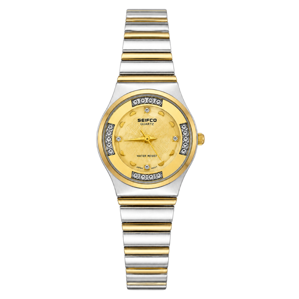SEIFCO Classic Women’s Stainless Steel Quartz Watch with Gold Dial and Silver Gold Bracelet