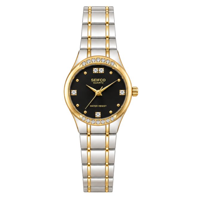 SEIFCO Classic Unisex Stainless Steel Quartz Watch with Black Dial and Silver Gold Bracelet