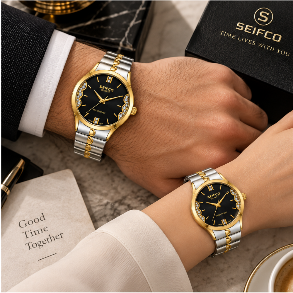 SEIFCO Classic Unisex Stainless Steel Watch with Black Dial and Silver Gold Bracelet - الصورة 2